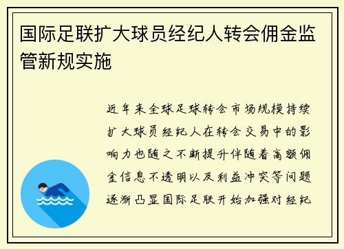 国际足联扩大球员经纪人转会佣金监管新规实施