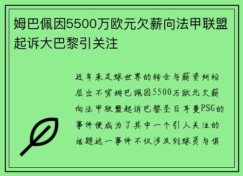 姆巴佩因5500万欧元欠薪向法甲联盟起诉大巴黎引关注