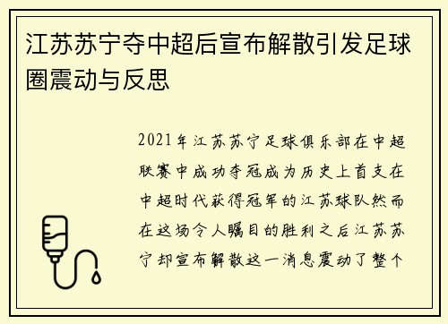 江苏苏宁夺中超后宣布解散引发足球圈震动与反思 江苏苏宁夺中超后宣布解散引发足球圈震动与反思